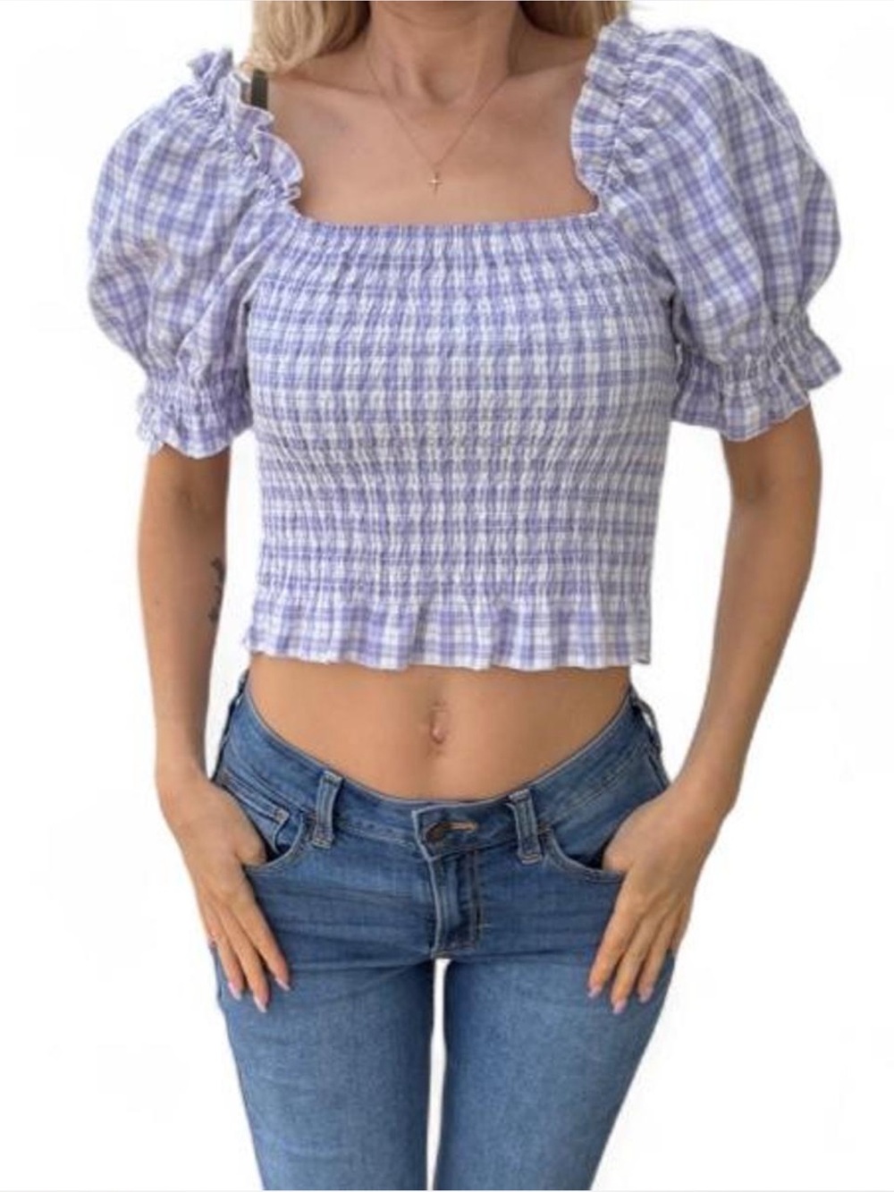 Lavender white gingham feminine romantic picnic princess puff blouse Cottage S